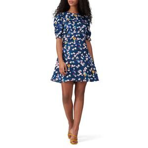 Tanya Taylor Liz Silk Blue Floral Print Puff Sleeve A-Line Mini Dress Size 4